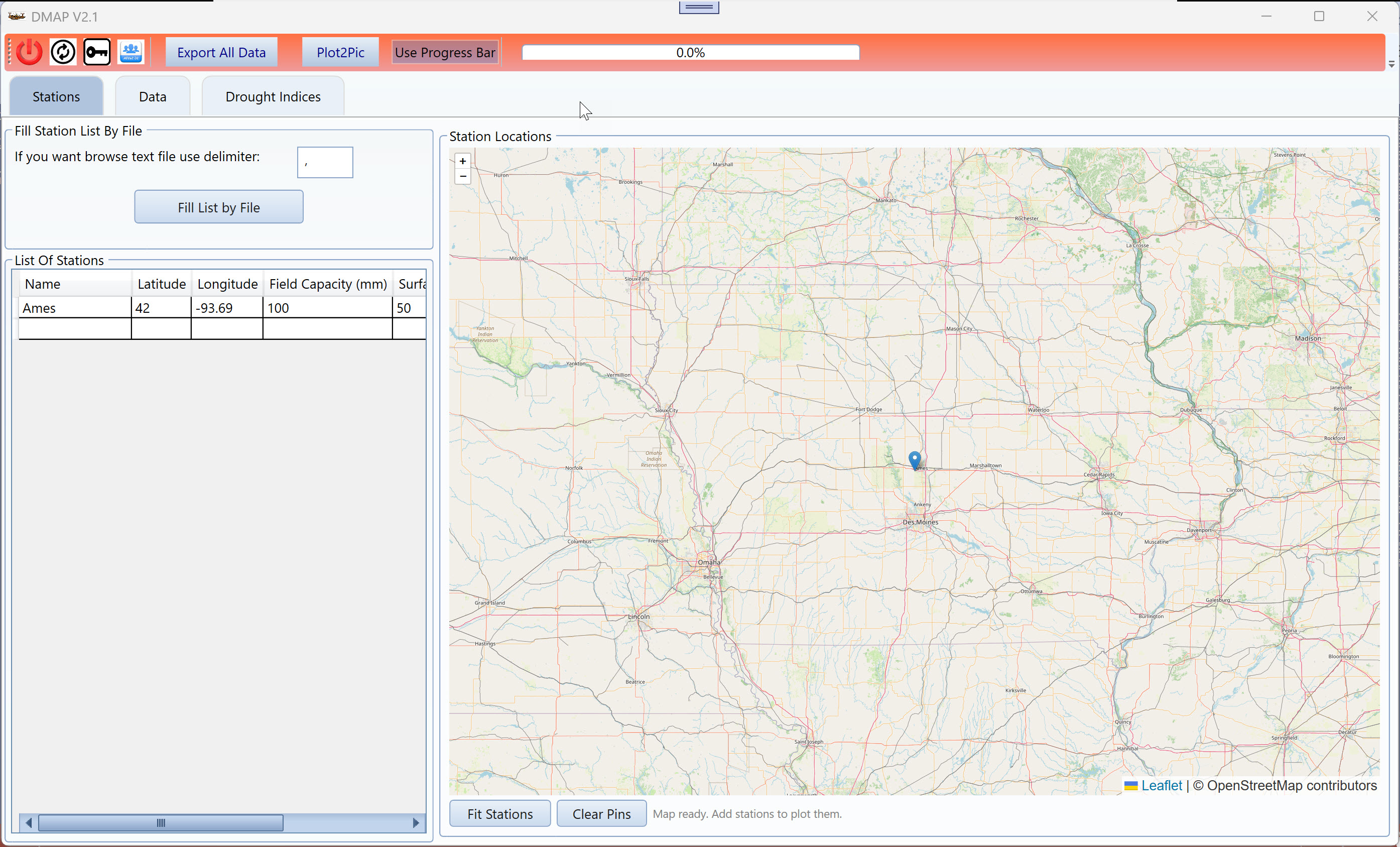 The main DMAP V2.1 window at launch, showing the Stations tab, the top toolbar, and the Leaflet station map.